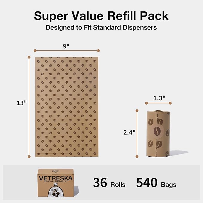 VETRESKA Dog Poop Bags, 540 Count Coffee Scented Waste Bags | Leak Proof, Extra Thick, 9" x 13" Large Dog Pet Bags for Dogs and Cats - (36 Rolls)