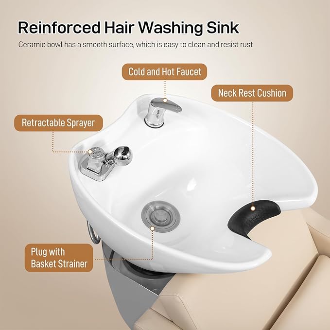 Winado Shampoo Backwash Barber Chair with Ceramic Hair Wash Bowl Sink, Adjustable Leg Baffle, Reclining Shampoo Station Chair for Barbershop Beauty Spa Massage Hairdressing Equipment, Beige
