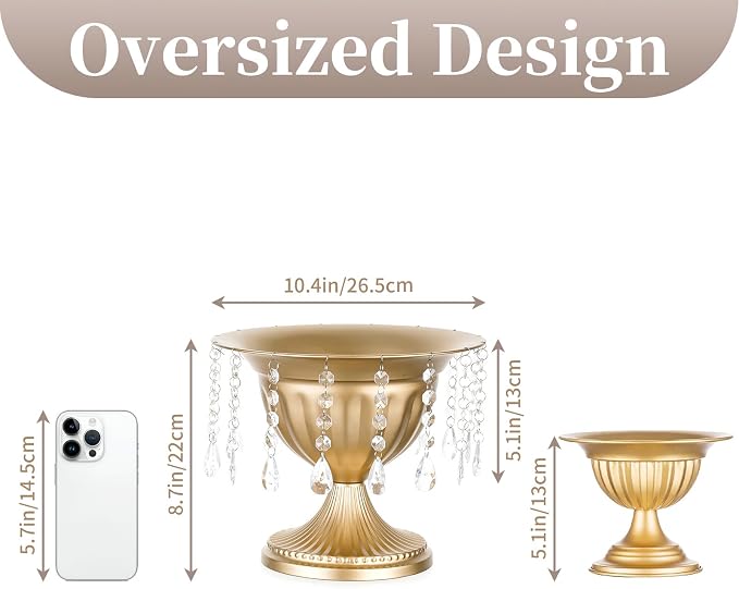 Sziqiqi Gold Urn Vase for Wedding with Crystal Beads, Compote Vase, 10Pcs | 8.6in Tall Metal Large Flower Arrangements, Pedestal Footed Bowl Planter, For Wedding, Party, Event, Birthday, Home Decor