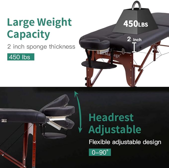 BestMassage Massage Bed Portable Massage Table 2 Fold Lash Bed Height Adjustable PU Leather with Oxford Bag for Spa Salon