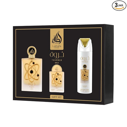 Lattafa Pride Tharwah Gold For Unisex 3 Piece Gift Set (3.4 Fl Oz EDP + 0.65 Fl Oz EDP + 6.67 Fl Oz Deo)