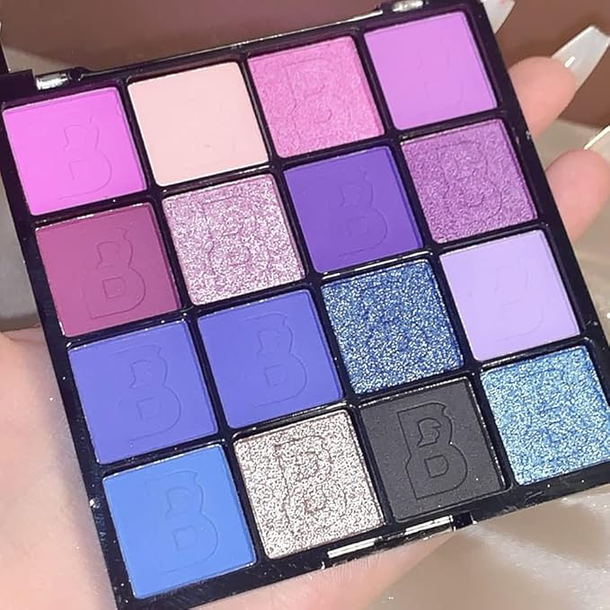 Purple & Blue Eyeshadow - 16 Color Glitter & Matte Eyeshadow Palette, Korean Eyeshadow Makeup Palette, Waterproof & Bright Colours