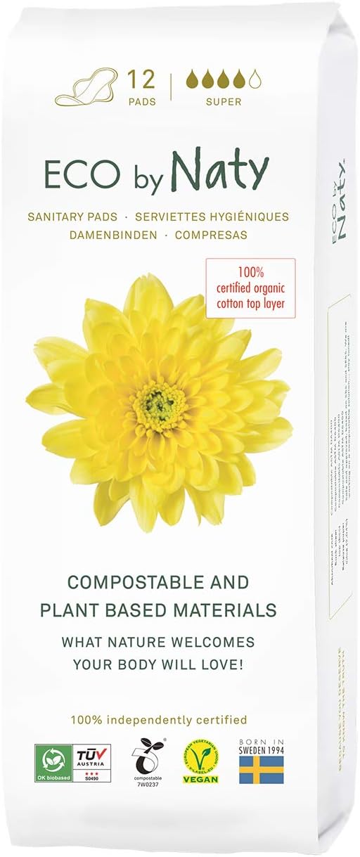 Naty Sanitary Pads Super – Plantbased and Absorbent Pads for Women, Organic Cotton Menstrual Product, Better for Feminine Health (12 Count)