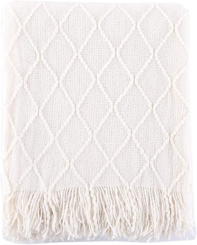BATTILO HOME Cream Throw Blanket for Couch, Boho Bedroom Decor Throws, Decorative White Throw for Sofa Living Room, 50"x60" | Boho Bedroom Decor Throws, Decorative White Throw for Sofa Living Room