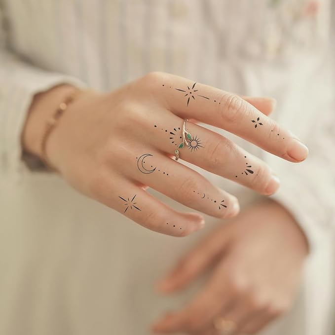 Mini Dot & Star Ring Temporary Tattoos for Women – 2 Sheets of Semi-Permanent Tattoo for Finger & Hand