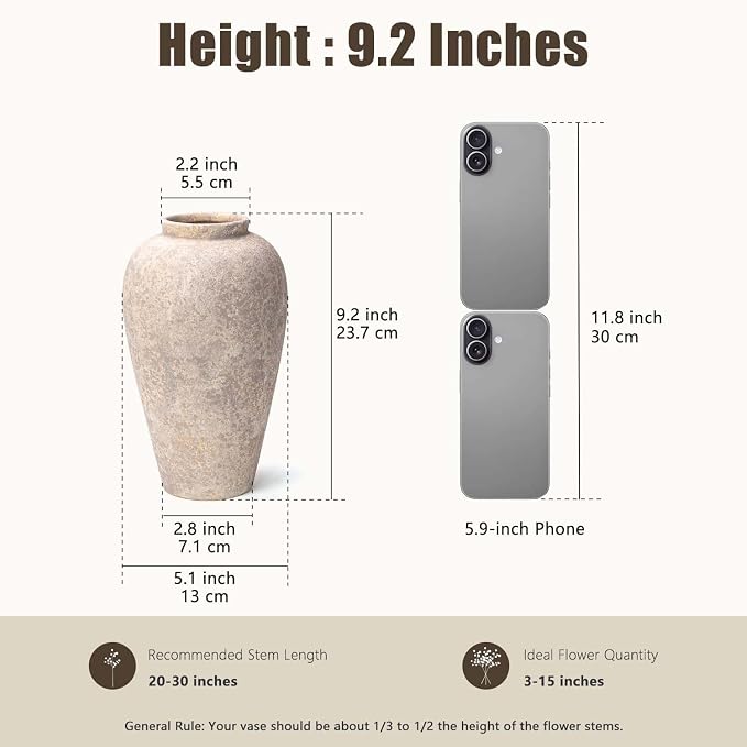 Ceramic Flower Vase Home Decor - 9.2 inch Large Farmhouse Table Vases, Rustic Decorative Vases for Kitchen Living Room Coffee Dining Shelf Mantel Decoration