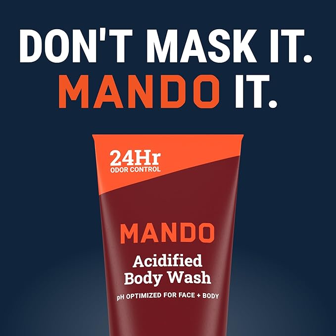 Mando Smooth Solid Stick (2.6 Ounce) + Acidified Body Wash (8.5 Ounce) - Clinically Proven to Block Odor All Day - Whole Body Safe For Pits, Packages + Feet (Bourbon Leather)
