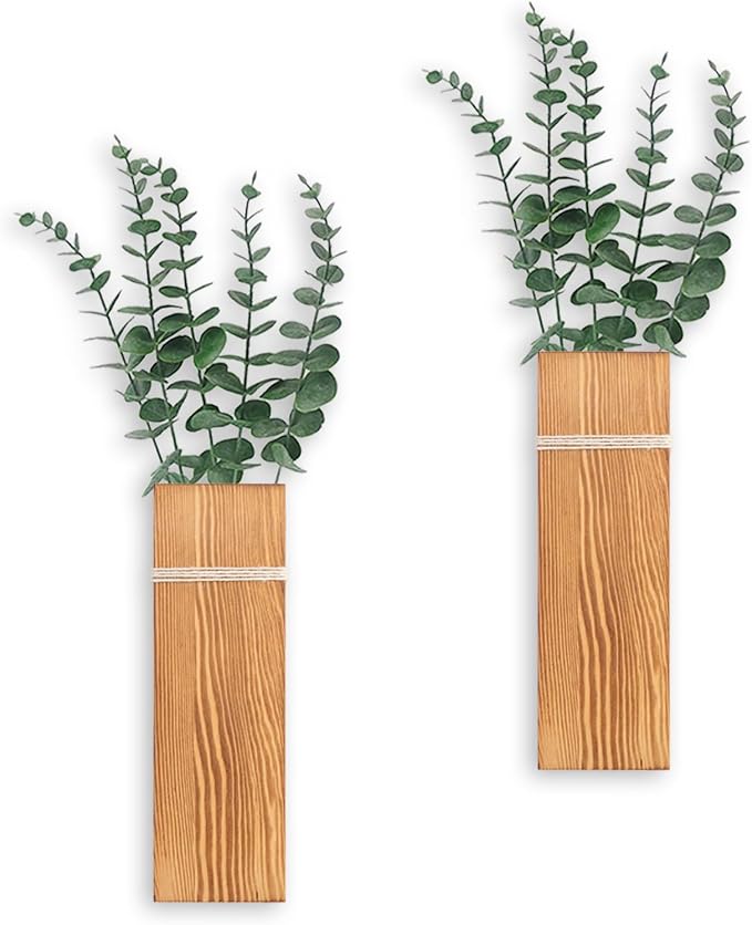 Wall Planters for Indoor Plants-2 Pack Wood Wall Vases for Dried Flowers & Artificial Plants Modern Farmhouse Wooden Vase for Living Room Bedroom Kitchen Decorations - Brown