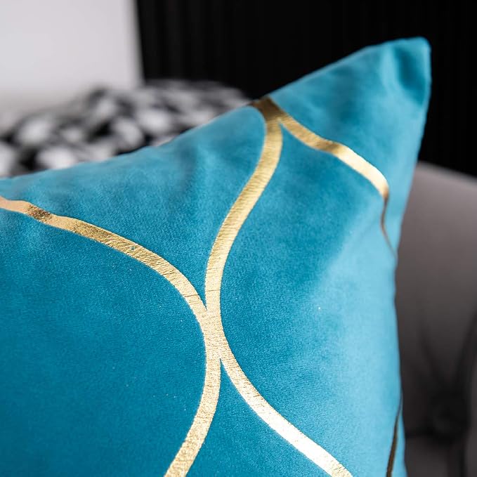 18x18 Inch Gold Velvet Throw Pillow Covers: 2 Pack Square Decorative Pillow Cases for Bedroom Sofa Couch Living Room, Turquoise