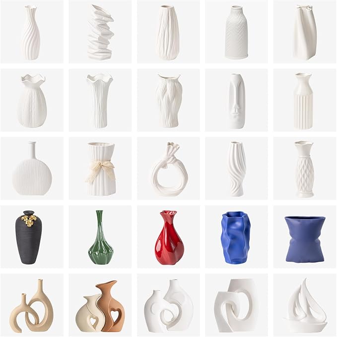 White Ceramic Vase with Ruffled Rim & Vertical Fluted Texture - 8.5" Unique Flower Vase for Pampas Grass & Centerpieces, Decorative Boho/Farmhouse Vase for Living Room, Office & Gift for Her/Yourself