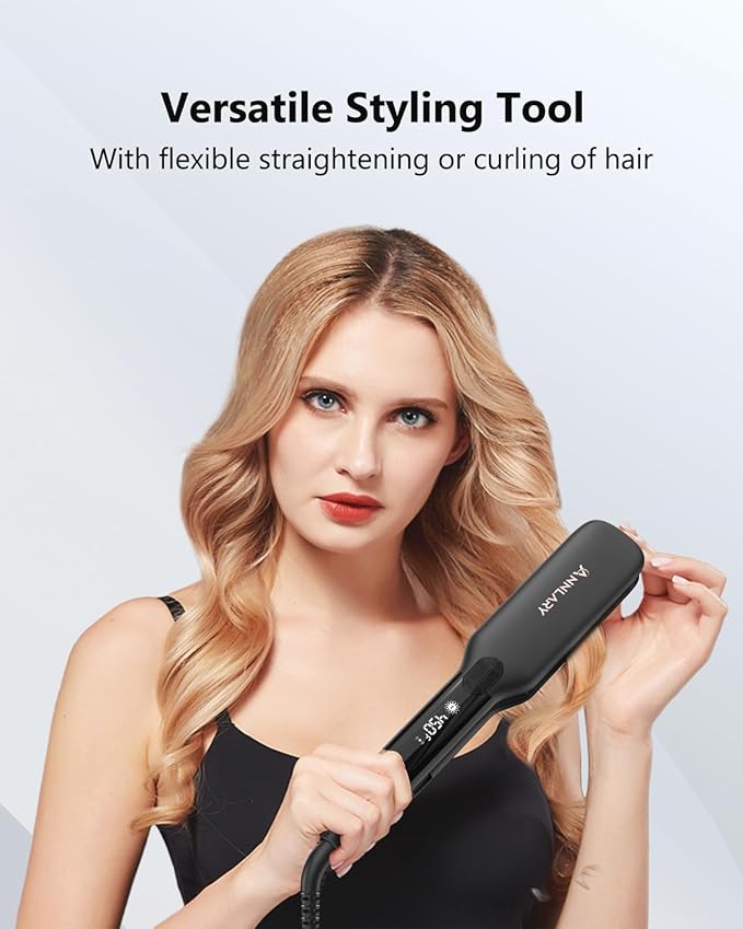 Annlary 1.75 Inch Hair Straightener, Professional Titanium Plate with Ceramic Coating Ionic Dual Voltage Flat Iron with Heat-Resistant Silicone, for Less Frizz, Shinier & Smoother Hair