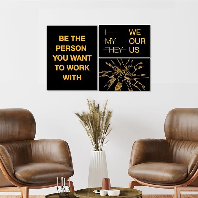 YEOION Motivational Office Wall Art,Inspirational Teamwork Wall Art for Office,Black and Yellow Positive Teamwork Wall Decor for Workplace Set of 6