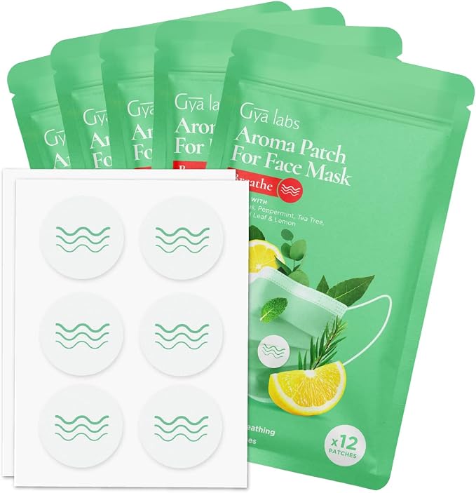 Gya Labs Breathe Aroma Stickers for Masks (5 Packs-60 Patches) & Tea Tree Oil for Skin (1 fl oz) Set - Aromatherapy Grade Essential Oils Set
