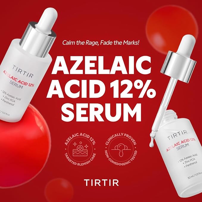 TIRTIR Azelaic Acid 12% Serum for Blemish-Prone Skin - Lightweight Hydrating Formula with Zinc PCA & Hyal-ZIP, Non-Comedogenic, Fragrance-Free, 30ml / 1.01 Fl Oz (Pack of 2)