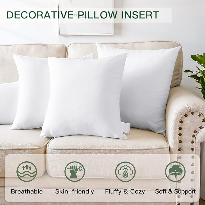 OTOSTAR Pack of 4 Throw Pillow Inserts, 20 x 20 Square Cushion Inner Soft Fluffy Plump Stuffer Cushion Pads White Decorative Pillow Inserts
