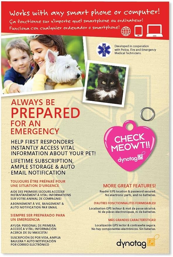 Dynotag® Web Enabled Super Pet ID Smart Tag with DynoIQ™ & Lifetime Recovery Service. Play Series: Deluxe Coated Steel - Heart (Check Meowt)