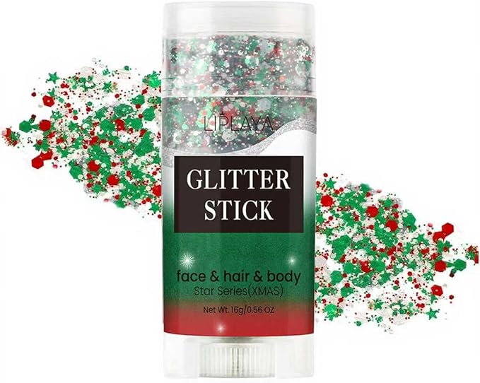 Christmas Body Glitter Stick, Sparkling Holographic Sequins Neon Outfit Party Christmas Accessories Hair and Body Glitter Gel Makeup.(Red Green and White)