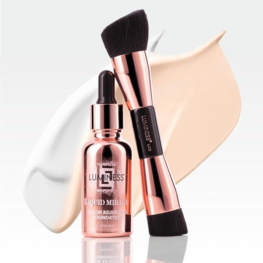 LUMINESS Liquid Mirage 3PC Kit - Color Changing Foundation with SPF 50 Primer & Makeup Brush, Hydrating & Lightweight Face Makeup, 4 in 1 Liquid Foundation, Concealer & Moisturizer (01 Light)