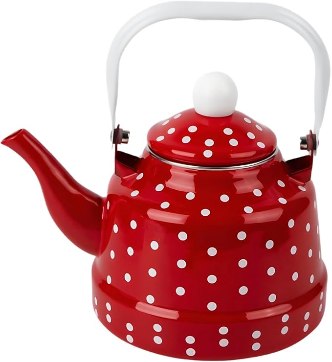 2.5 Quart Vintage Enamel Tea Pot Stovetop,Enamel Water Kettle Teapot with Red and White Spots,Enamel on Steel Water Coffee with Handle,Hot Water Kettle for Hot Water,No Whistling,Wedding Gift