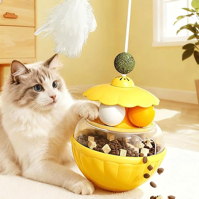 Cat Tumbler Food Dispenser Toy, 3-in-1 Slow Feeder Interactive Cat Puzzle with Dual Track Balls & Feather Wand, Self-Balancing Cat Treat Toy for Indoor Cats, Boredom Buster for Anxiety Relief