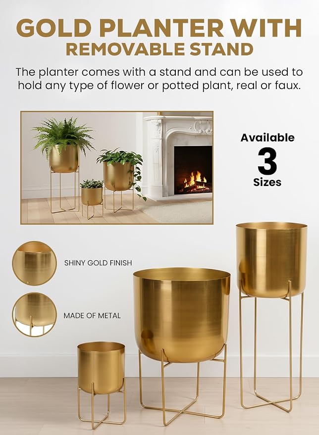 Serene Spaces Living Tall Gold Planter with Detachable Metal Stand - Modern Mid Century Decorative Indoor Plant Pot - Large Floor Planter for Living Room, Kitchen, Office - 26" H x 9.25" Diameter