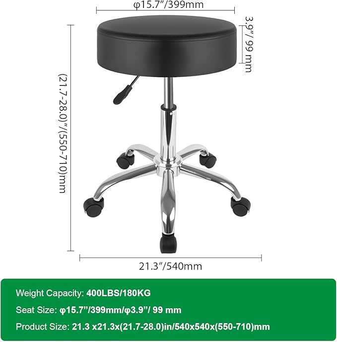Silver Rolling Stool with Wheels, 360° Swivel Adjustable Height Stool, 400LB Capacity PU Leather - for Salon, Tattoo, Office, Medical, Home & Spa