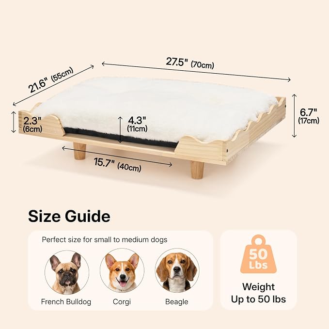 Veehoo Elevated Dog Bed for Small Dogs, Fancy Luxury Wooden Dog Bed Frame | Aesthetic Raised Pet Furniture, Low Entry, Sturdy Real Wood Frame, Soft Cushion, Non-slip Bottom, Easy Assembly, 28" x 22"