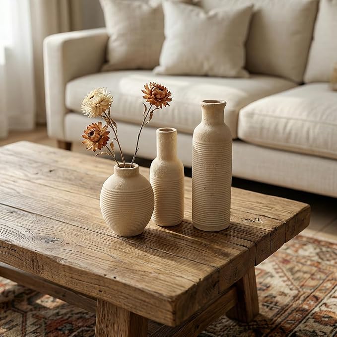 Rustic Farmhouse Vase Set of 3 - Ceramic Decorative Vases Home Decor - Pampas Grass Dried Fresh Flowers - for Centerpiece, Table, Mantel Entryway, Kitchen, Bedroom (White2)