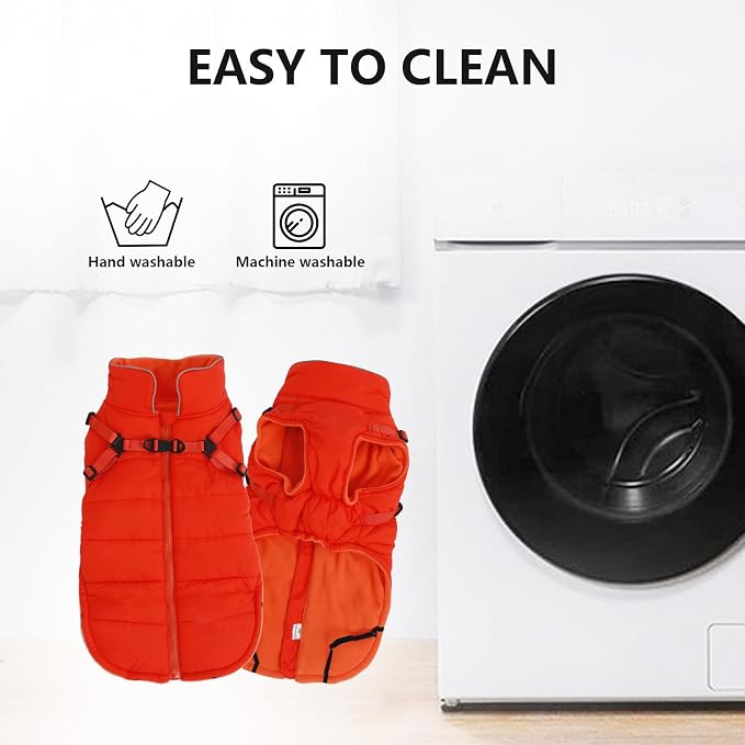 Geyecete Winter Warm Coat Waterproof Dog Winter Jacket with Harness Traction Belt,Windproof Pet Outdoor Jacket Dog Autumn-Orange-M
