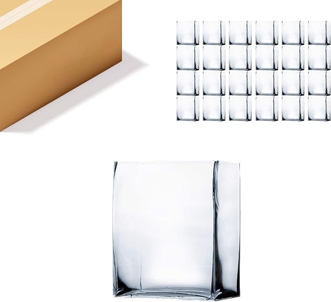 WGV Glass Rectangle Block Vase Bulk, Width x Length 2" x 5", Height 6", Clear Floral Planter Container Votive Candle Holder Wedding Party Event, Home Office Decor, 24 Pieces