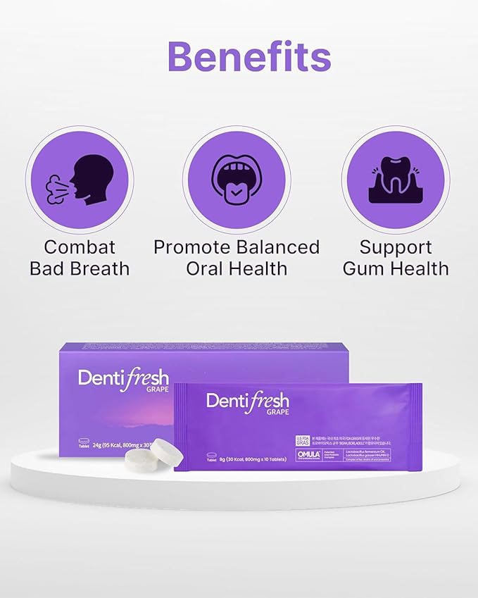 K-Nutra Dentifresh Xylitol Tabs Grape (24g, 30 Tablets) Holiday Gifts 4 Billion CFU, Sugar-Free Oral Probiotics for Teeth & Mouth, Bad Breath Gums, Safe for Bedtime, Mild Grape Flavor with OMULA