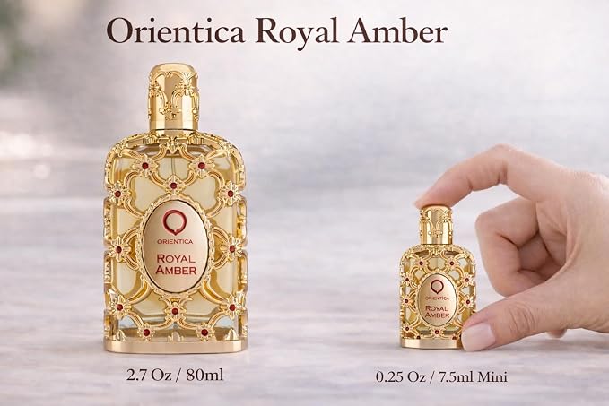 Orientica Luxury Collection Royal Amber Eau De Parfum 0.25 Fl Oz / 7.5ml Mini Splash - Fruity, Gourmand, Amber, Woody, Vanilla, Bergamot, Melon, Pineapple, Musk - Arabic Perfume for Men & Women