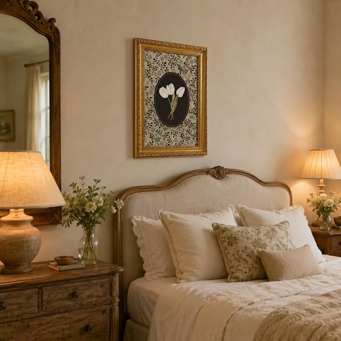 Gold Framed Tulip Canvas Wall Art, Vintage Floral Picture Wall Decor16x12in | Cottagecore Botanical Floral Print Decor for bedroom, living room, hallway, entryway