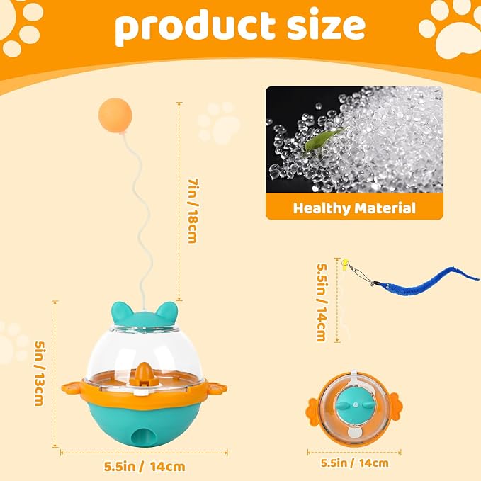 Pet Fit For Life Tumbler Treat Dispenser Cat Toy with Ball, Worm & Hook Attachment - Mental Interactive Wobble Puzzle Feeder for Indoor Cats, Snack Dispensing Spinner for Kitty Play - Orange, Medium