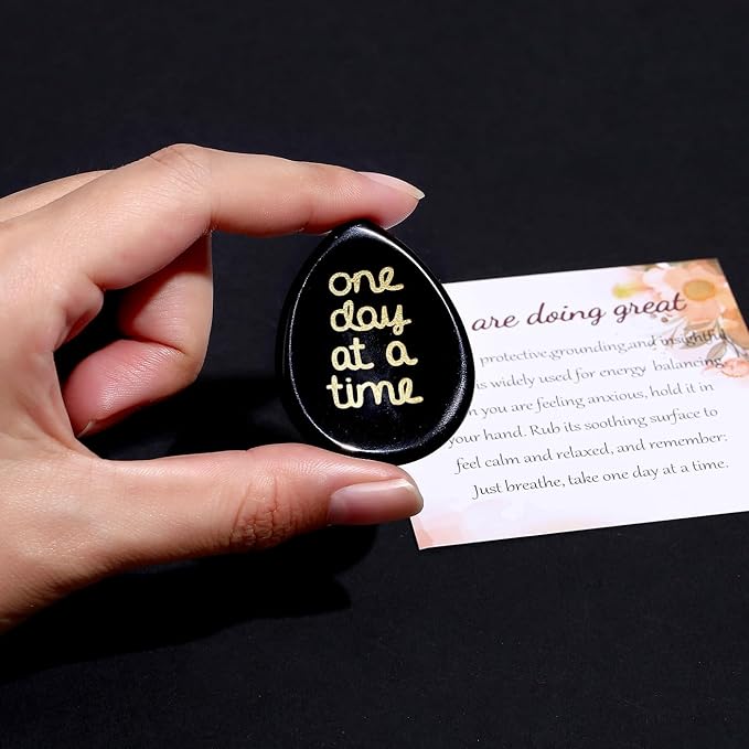 One Day at A Time Black Obsidian Thumb Worry Stone for Anxiety Crystals Hand Thumb Stones Pocket Thinking of You Gifts for women Inspirational Worry Stones for Stress Relief Sobriety Gifts for Her