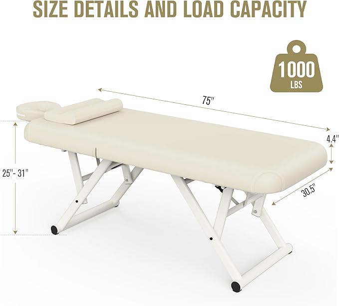 pouseayar Adjustable Massage Table with Face Pillow & Headrest, Sturdy and Solid, Silent and Easy to Adjust - Adjustable Backrest, Beige Gray