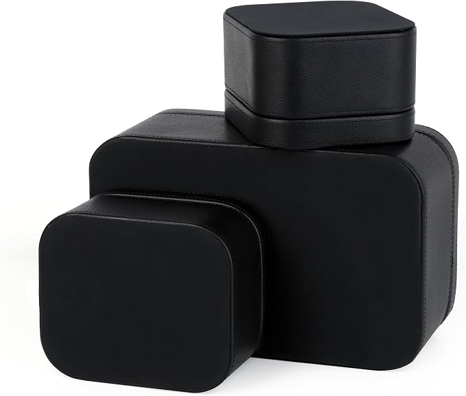 HofferRuffer Faux Leather Decorative Storage Boxes, Dust proof Storage Shelf Baskets with Lids Trays, Storage Bins Memory Box Organizer for Home, Office, Jewelry & More, Set of 3 (Black)