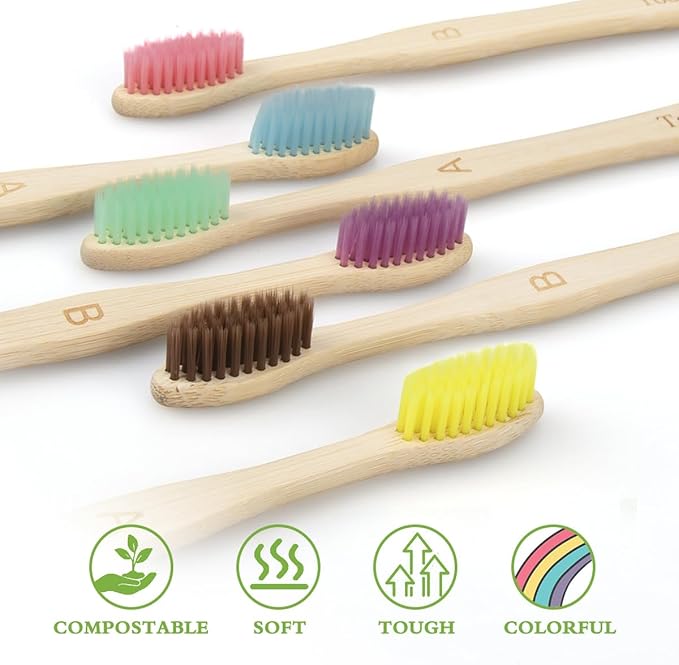 Tooth HaHa Bamboo Toothbrushes, 10 Pack BPA-Free Soft Tapered Bristles, Eco-Friendly, Natural Wooden, Green Toothbrush, Organic Toothbrushes Travel Set