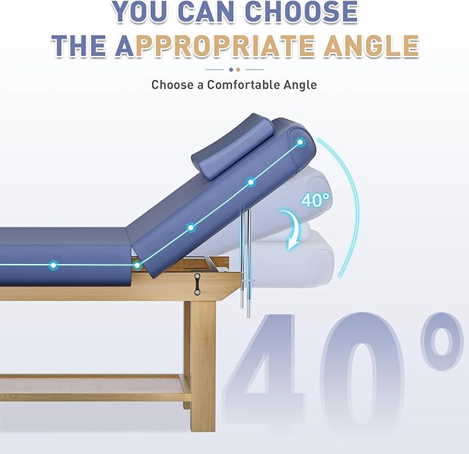 28in Wide Massage Table with 1500lbs Weight Capacity, Wooden Base, Massage Bed Adjustable Backrest for Professional & Home Use, Spa Treatment Table for Relaxation and Therapy，Blue