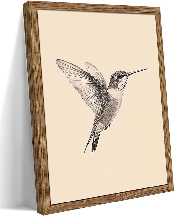 Vintage Framed Wall Art, Birds Canvas Prints, Hummingbird Sketch Painting Picture, Neutral Farmhouse Artwork Wall Decor for Living Room Bedroom – Dark Wooden Frame 8x10in