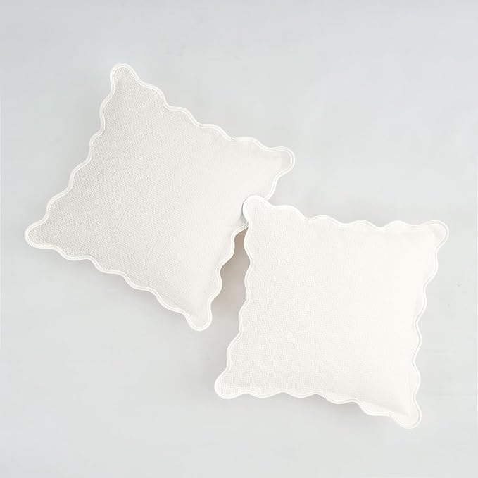Scalloped Pillow Covers Set of 2 for Living Room | Decorative Sofa Couch Pillows | Boho Sytle Decorative Home | Aesthetic Funky Preppy Pillow Cases (Beige & White, 20x20 Inch)
