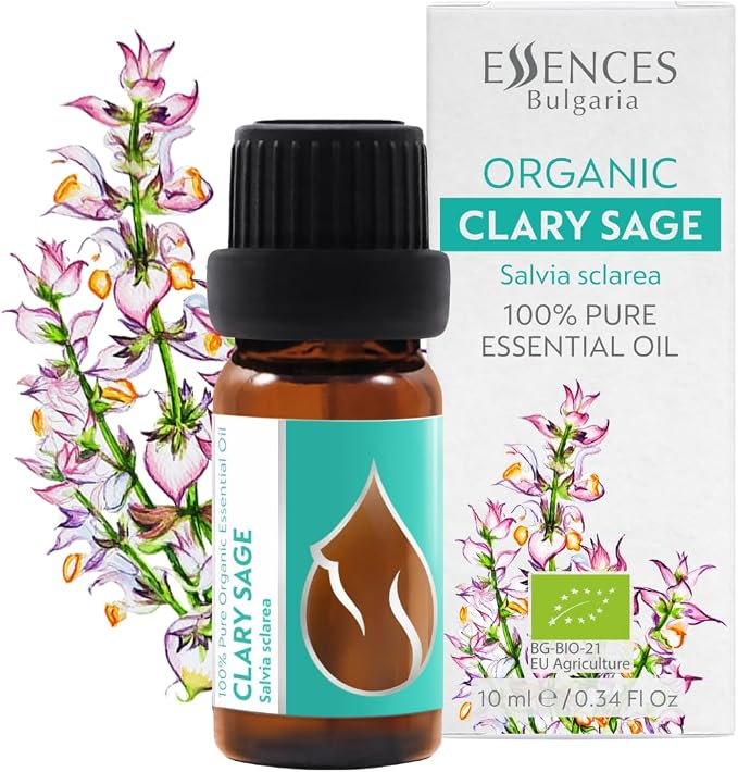 Essences Bulgaria Organic Clary Sage Essential Oil 1/3 Fl Oz | 10ml | Salvia sclarea | 100% Pure and Natural | Undiluted | Therapeutic Grade | Family Owned Farm | Steam-Distilled | Non-GMO | Vegan