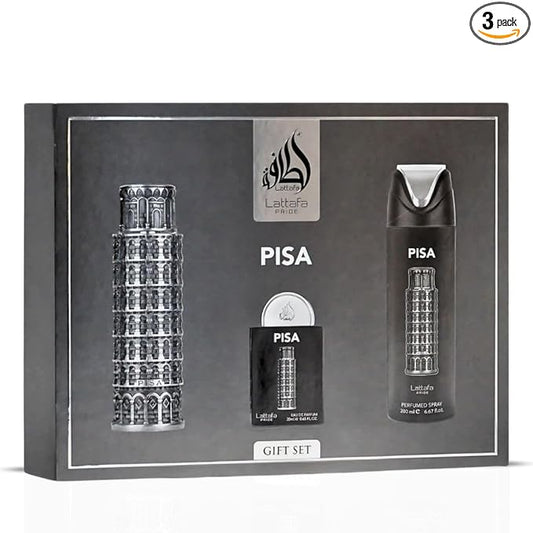Lattafa Pride Pisa 3-Piece Gift Sets – Long Lasting Arabian Perfume For Men – Eau De Parfum & Perfumed Spray – Mediterranean Inspired Perfume Men With Citrus & Amber Notes - Premium Gift Box