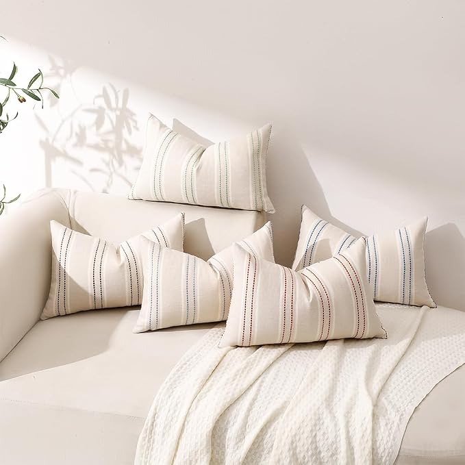 Hckot Stripe Throw Pillow Covers 12x20 Set of 2 Light Green Pillow Covers | Farmhouse Decorative Pillows Textured Linen Square Cushion Covers for Sofa Couch Bed Living Room Decor