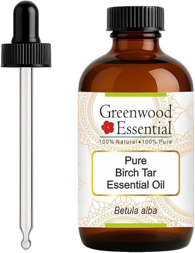 Greenwood Essential Birch Tar Essential Oil (Betula alba) with Glass Dropper | Pure | Non-Sticky | Non-Greasy | Lightweight | Men & Women | All Skin Types | Steam Distilled 120ml (4 oz)
