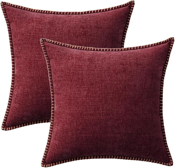MIULEE Decorative Couch Throw Pillow Covers 20x20 Inch Burgundy Red 2 Pack | Farmhouse Pillow Covers with Stitched Edge, Soft Chenille Cushion Cases, for Sofa Bed Living Room Home Decor