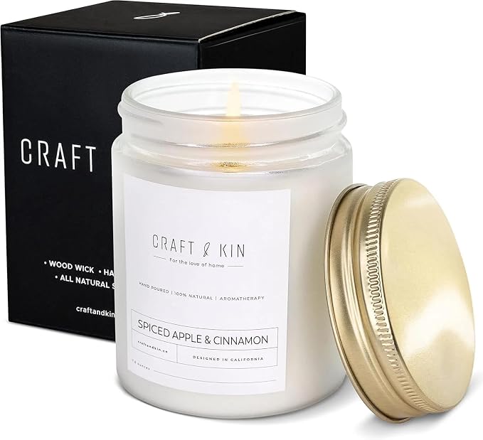 Craft & Kin Premium Apple & Cinnamon Scented Candle – Long Lasting, 45 Hour Burn Time – Luxury Natural Soy Scented Candle with Wood Wick – Room Decor and Aromatherapy – 8 oz