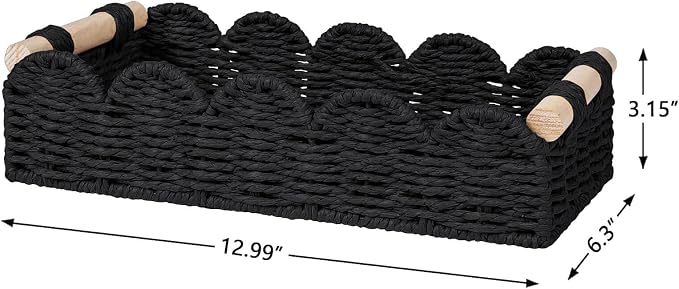 CubesLand Toilet Paper Storage Basket Organizer, Small Wicker Decor Basket | Toilet Tank Top Decorative Basket for Countertop, Handwoven Scalloped Basket W/Handle for Home Decor Living Room, Black