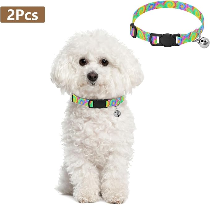 2 Pack Dog Collar Colorful Tie Dye Swirls Cat Collar Breakaway with Bell, Adjustable 10.6 to 17.1 Inches