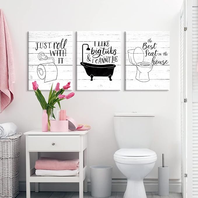 Funny Bathroom Canvas Wall Art Black and White Toilet Bathtub Bath Set Poster Print 3 Pieces Bathroom Quotes Painting Retro Wood Style Artwork for Restroom Farmhouse Bath Bathroom Decor 12"x16"(30x40cm)